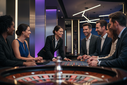 Casino host interacting warmly with guests on the floor